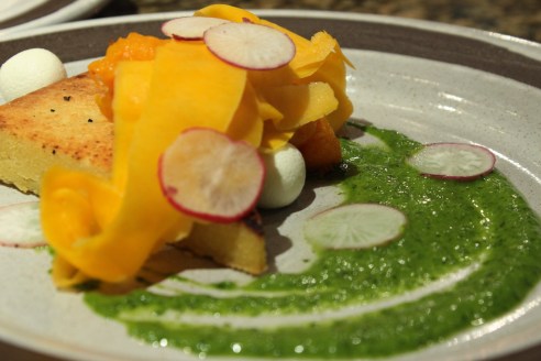 Kevin's Farinata with acorn and butternut squash, fresh chevre and chimichurri